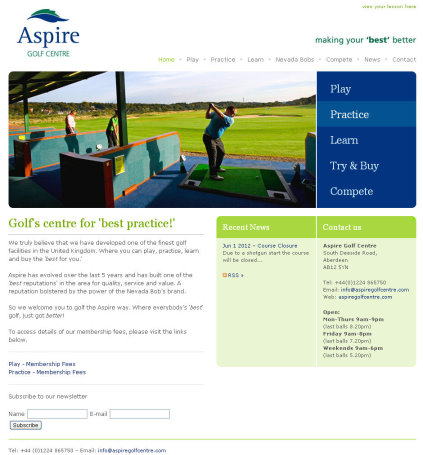 aspire golf centre webpage