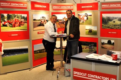 Speedcut Dick Franklin, md of Speedcut, and David Whybrew, course manager at Foxhills Golf Club and Resort, Surrey, at BTME 2013 DSC_0130 – Copy