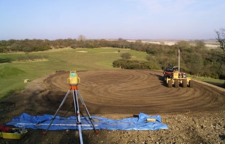 Speedcut completing the laser levelling of one of the new tees at The Dyke Golf Club, West Sussex