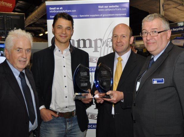 Campey dealers of the year Mark Trubenbacher of Germany (centre left- European award) and Sandy Armit of Double A (UK award )with David Briggs (left) and md Richard Campey at BTME