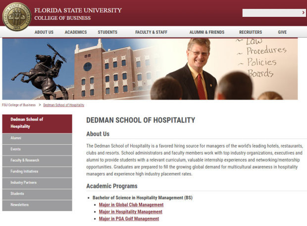 FSU Dedman School of Hospitality web page