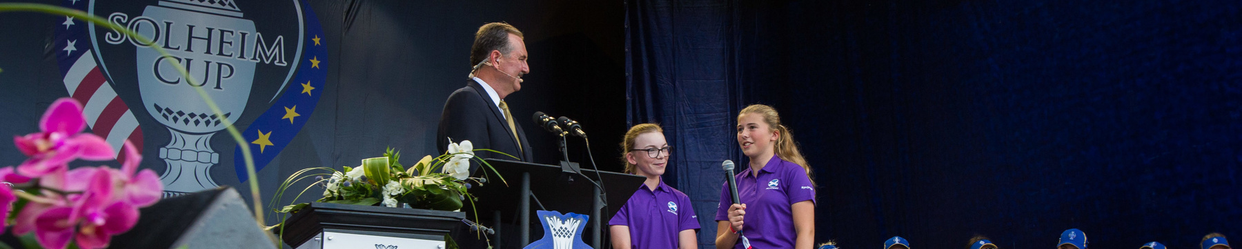 Potential players in the Ping Junior Solheim Cup in 2019 talk to the audience during the closing ceremony