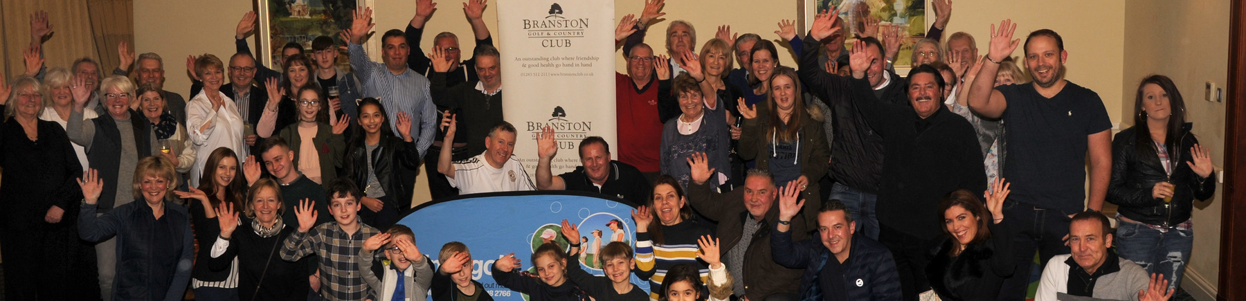 Branston’s Indoor Golf Challenge attracted record entries. Golf Professional Steve Hadfield & Paul Hebdon are at the base of the Branston banner.