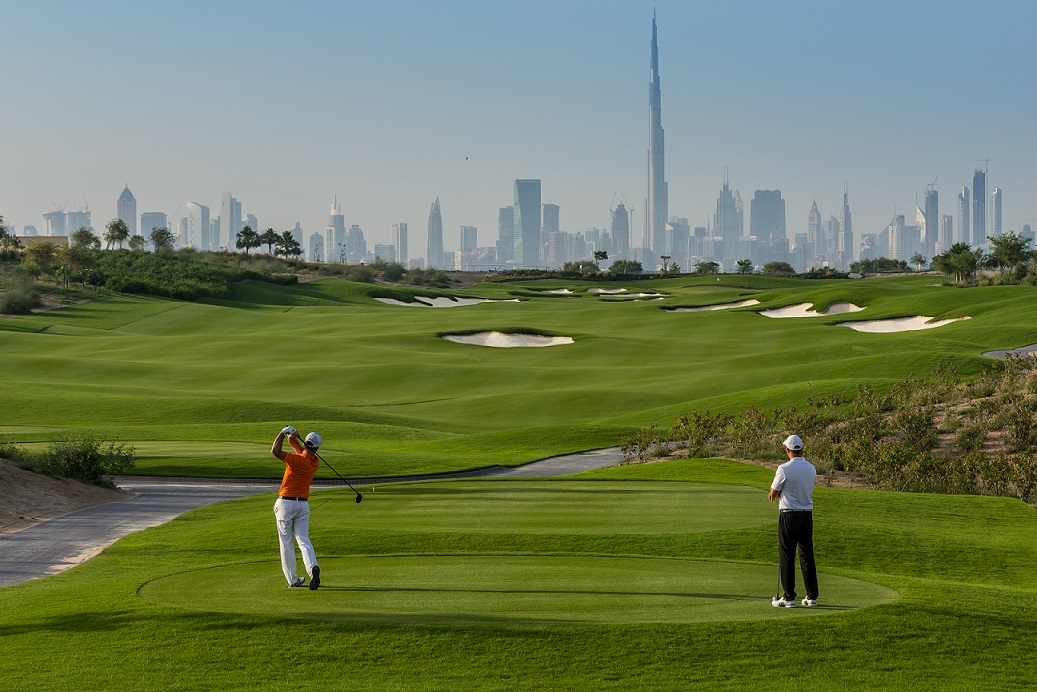 View from Dubai Hills Golf Club with Dubai in the background