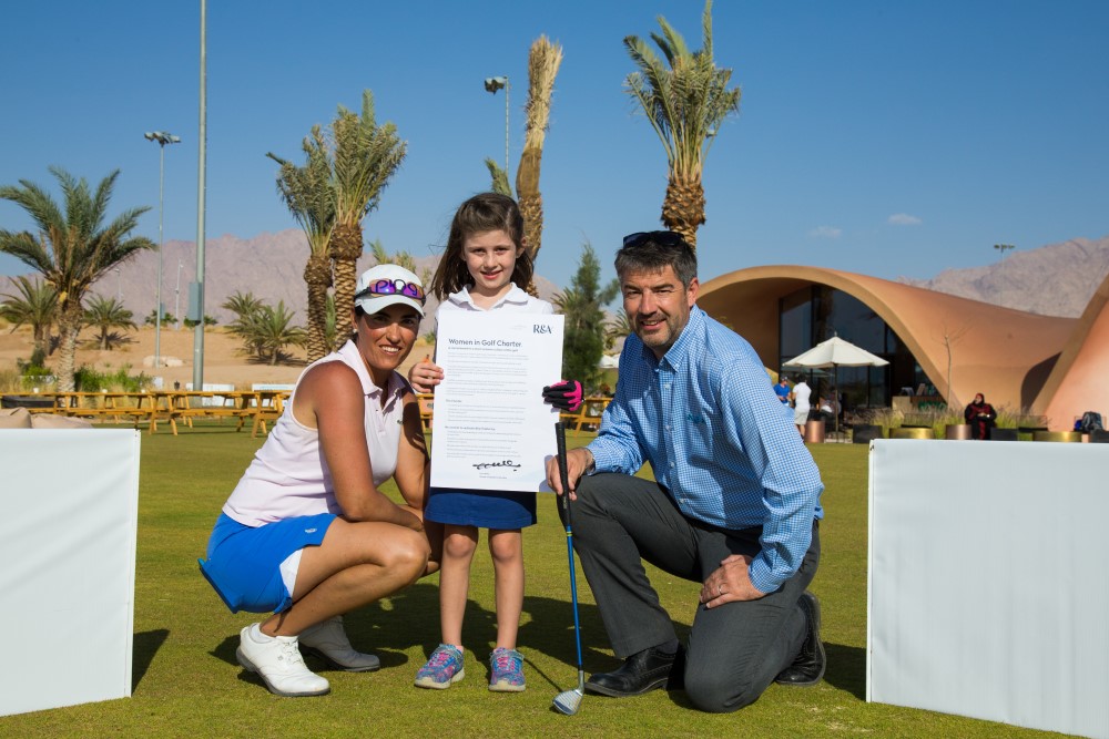 Ladies European Tour player Carmen Alonso, aspiring young golfer and Ayla Golf Club member Pera Demirsoy and Chris White, the Director of Operations at Ayla Oasis