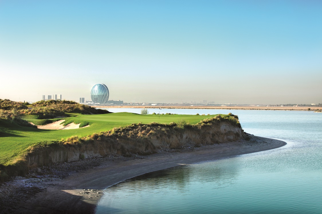 The 13th hole at Yas Links, with stunning views across the water