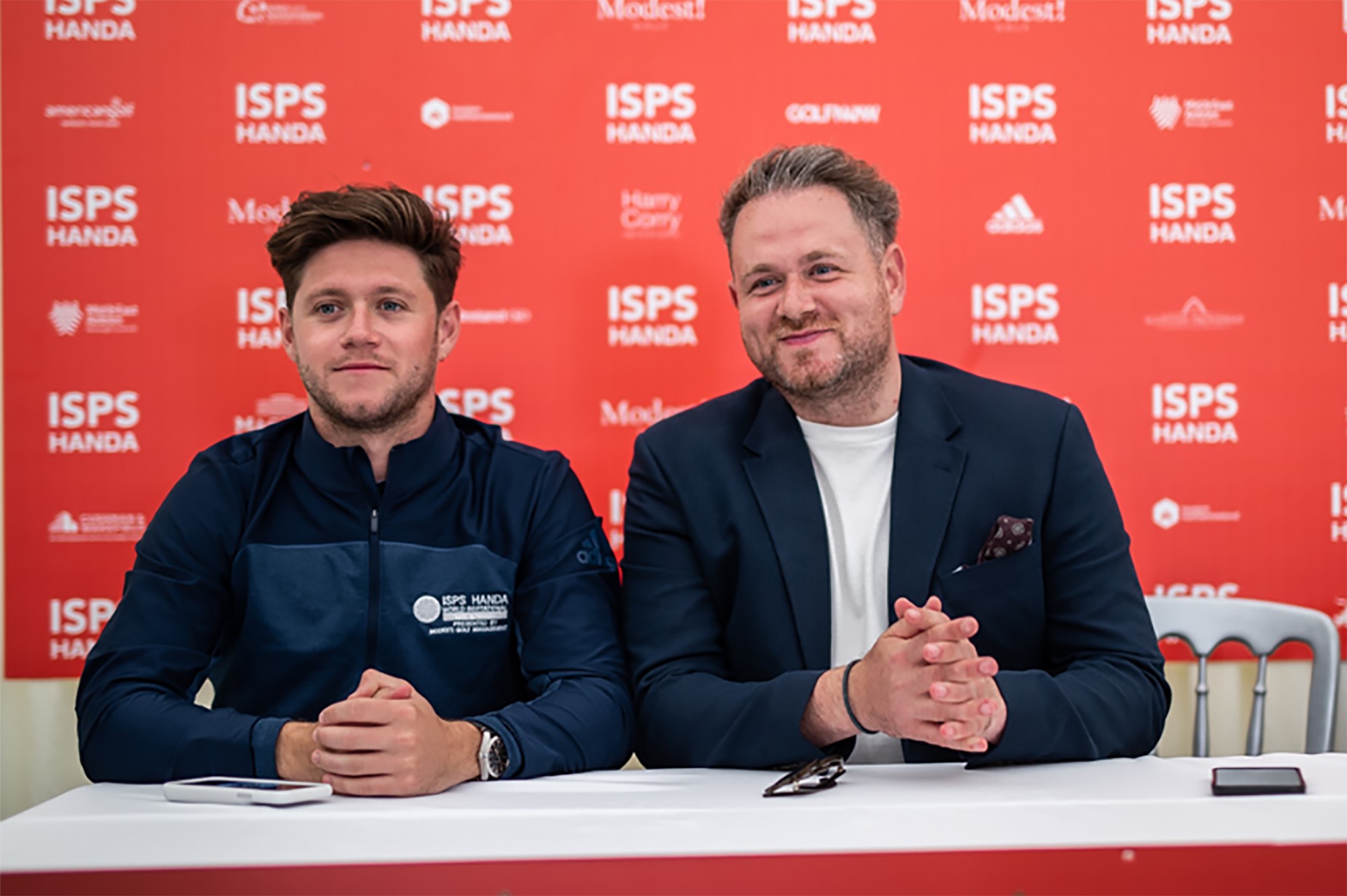 Modest! Golf’s Niall Horan and Mark McDonnell during the ISPS Handa World Invitational at Galgorm, Northern Ireland