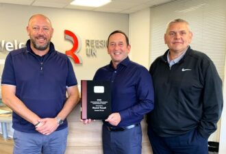  From left: John Mooney, commercial products area manager – UK, Ireland and Middle East at The Toro Company presents Reesink UK’s managing director Alastair Rowell and operations manager David Jackman, with the Toro 2022 International Aftermarket Achievement Award.