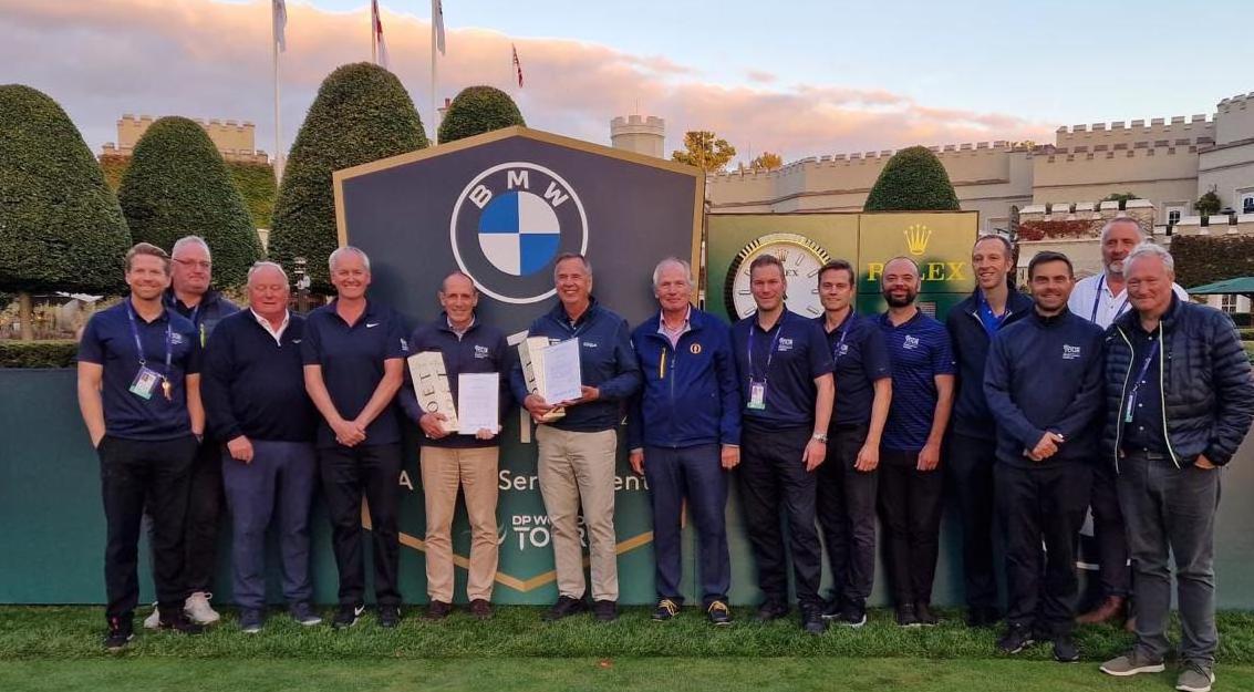 Dr Roger Hawkes (sixth left) beside surgeon Doug Campbell (fifth left), both honoured by DP World Tour, with Tour friends and colleagues