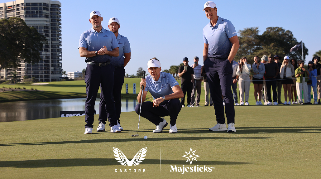 three men in blue shirts and white hats are playing golf